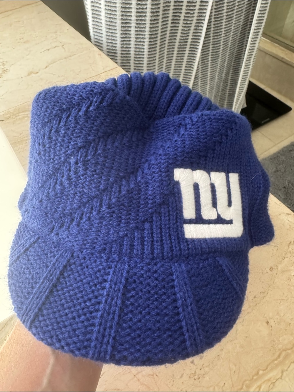 Blue Knit Men's Sweater Hat with White Logo